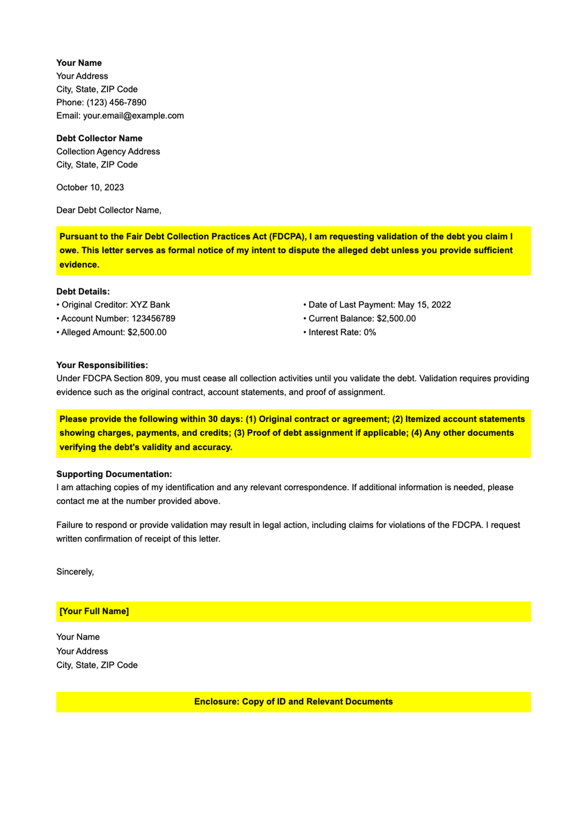 Debt validation letter template with highlighted fields_variant_3
